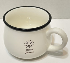 Bonne Journee Small Coffee Tea Cup Sunshine Black White 2.5 in Tall 3.25... - $10.62