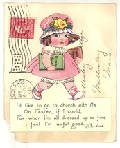 Girl in pink with bonnet vintage Easter greeting card die cute - £11.00 GBP