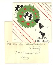 Black dogs wreath vintage Xmas greeting card 1936 seal - £10.96 GBP