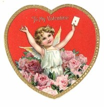 Antique die cut Tuck Valentine card angel pink roses heart vintage holiday  - £11.01 GBP