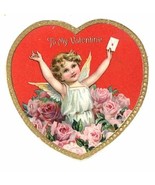 Antique die cut Tuck Valentine card angel pink roses heart vintage holiday  - £10.96 GBP