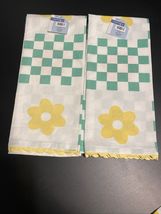 LOT of 2 Kitchen Tea Towels Retro VTG Style Green Checkerboard Yellow Fl... - $17.79