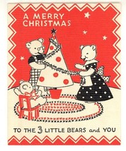 3 bears vintage Christmas card Norcross NY tree cute 1920 little teddy b... - £10.99 GBP