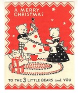3 bears vintage Christmas card Norcross NY tree cute 1920 little teddy b... - £10.97 GBP