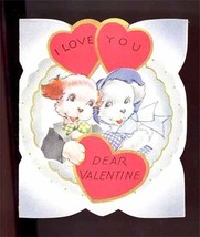 Vintage Valentine card dog puppies die cut AC CO cute hearts - £11.00 GBP