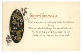 Christmas vintage card 1920 engraved gold bells holly holiday collectible - £11.00 GBP