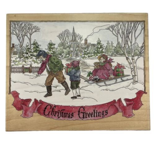 Primary image for Christmas Greetings Stamps Happen Rubber Stamp  #90043 Children Snow Sled Gifts