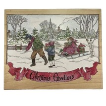Christmas Greetings Stamps Happen Rubber Stamp  #90043 Children Snow Sled Gifts - $18.35