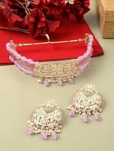 Purple Multistrand Crystal Kundan Artificial Beads Necklace Earring Jewelry Set - £19.72 GBP