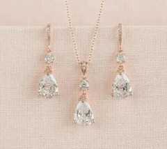 3.50Ct Pear lab-Created Diamond Women&#39;s Earrings Pendant Set 14 Rose Gold Plated - £195.79 GBP