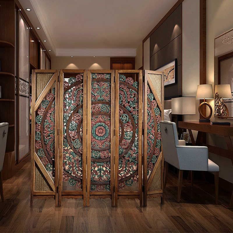 Thai Heritage Hand-Carved Wooden Room Divider Screen, Southeast Asian Floral Mot Item image 5