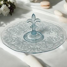 8 Vintage Azure Blue Fostoria Versailles Etched Glass Handled Cake Torte Plate - $46.75