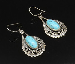 925 Silver - Vintage Openwork Swirls Turquoise Pear Shaped Earrings - EG... - $36.92