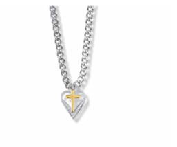 Sterling Silver Two Tone Cross On Heart Necklace &amp; Chain - £62.92 GBP
