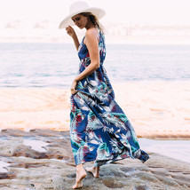 2021 Women Fashion  temperament V-neck Beach Dress Bohemian Sling Maxi Leaf Prin - £113.67 GBP