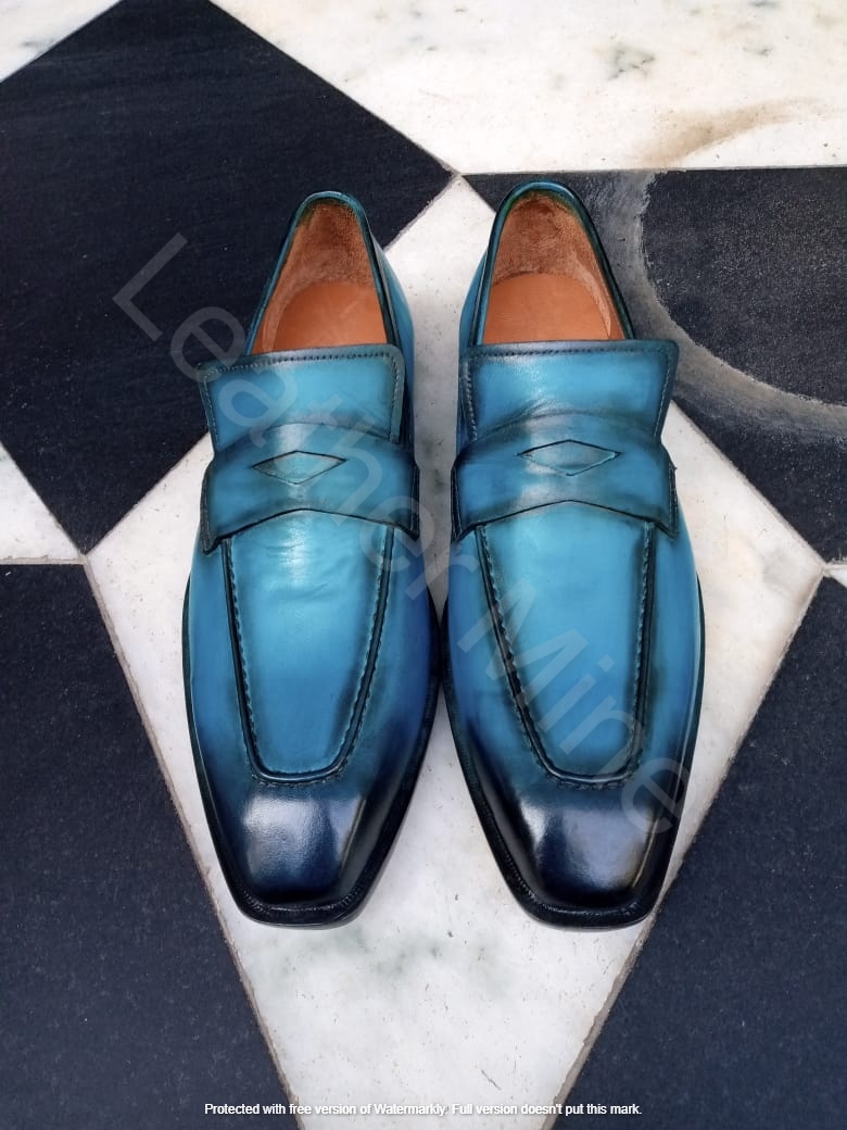 Men's Handmade Blue Patina Dress Loafers, Hand Colored Unique Shoes For Men