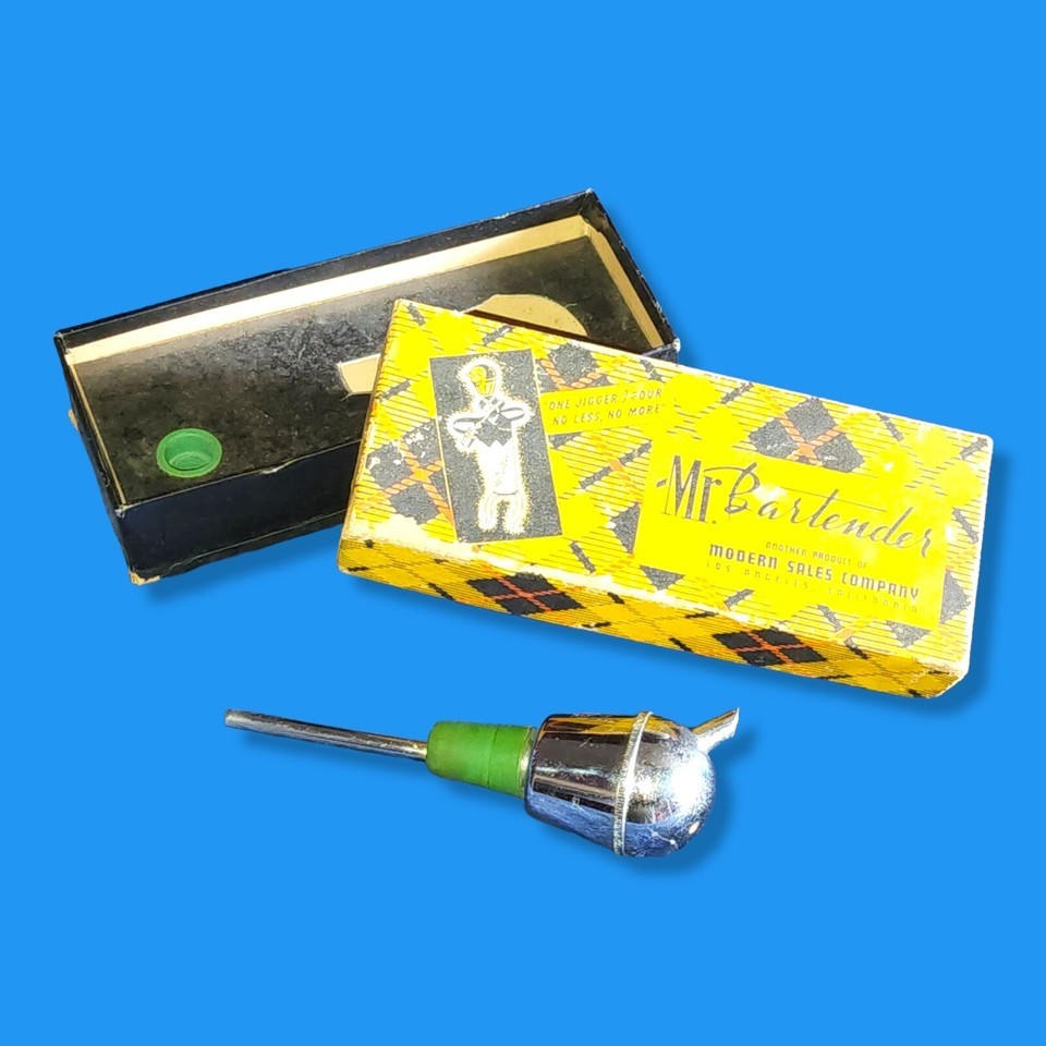 VINTAGE 50s MR BARTENDER POUR JIGGER SHOT SPOUT in ORIG BOX CHROME MCM - £14.46 GBP