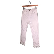 TOPSHOP MOTO Size 26 White Straight Leg Jeans Tassel Hem High Waist *flaw* - £9.66 GBP