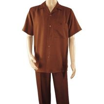 Men 2pc Walking Leisure Suit Short Sleeves By DREAMS 256-12 Solid Cognac image 2