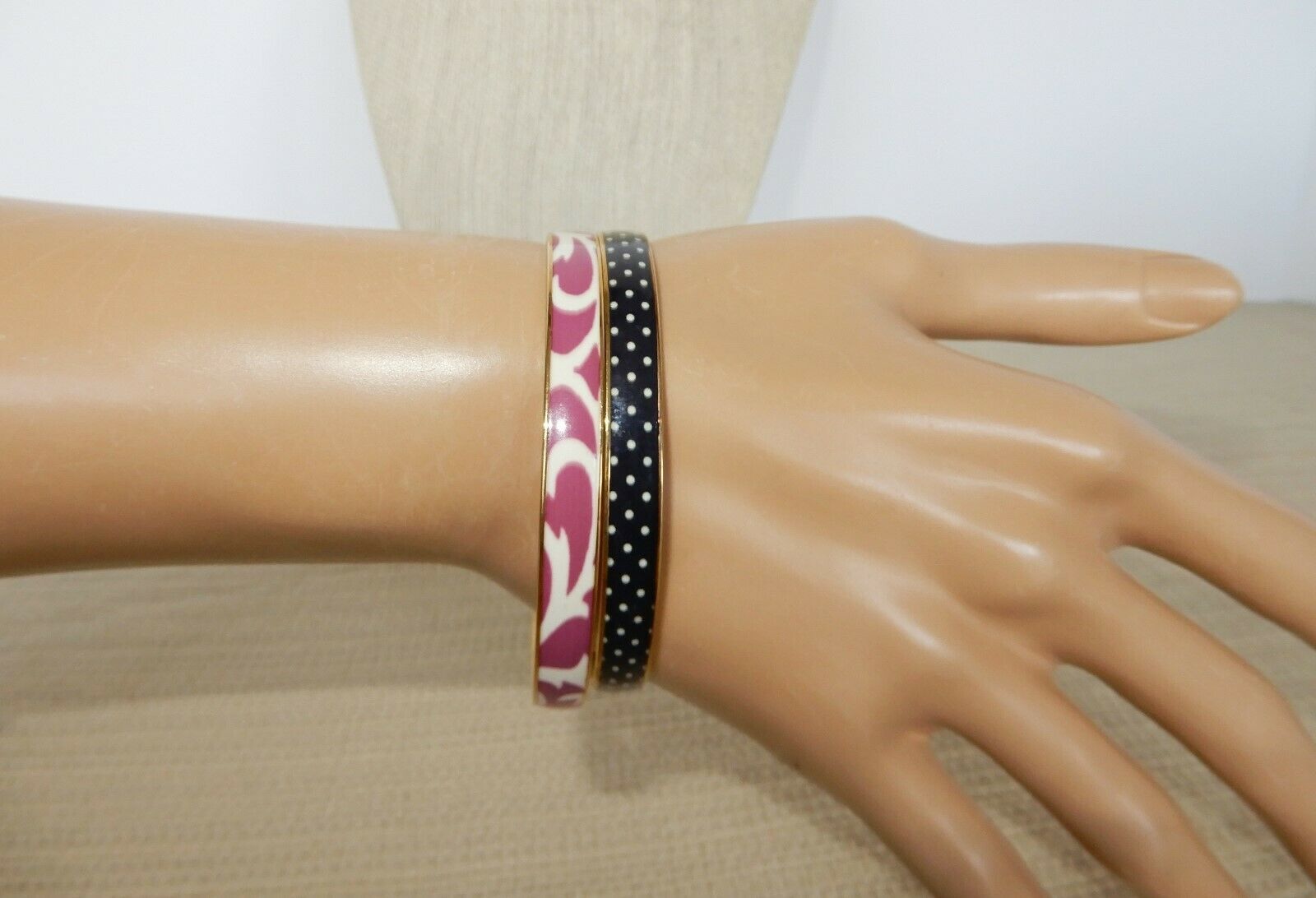 Pair of enamel over gold tone metal J. Crew bangle bracelets in fun patterns - $20.00