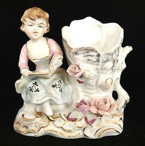 Vintage Figurine Vase Girl Reading Book Applied Flowers Gilded A Beauty 4.5&quot; - £9.76 GBP