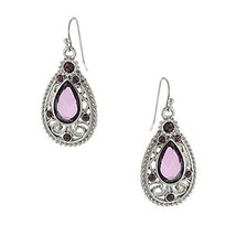 Silver Tone Filigree Dangle Earrings with Amethyst Look Crystals Faceted... - $17.82