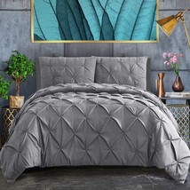 3 Piece Luxurious Pinch Pleated Duvet Cover with Zipper &amp; Corner Ties, King Grey - £37.67 GBP