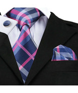 Blue-Gray (Pink Stripe) Necktie Set (with Handkerchief and Cufflinks) - $19.99