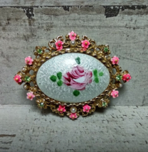 Vintage Signed ART Arthur Pepper Oval Rose Cameo Enamel Rhinestone Brooc... - £49.62 GBP
