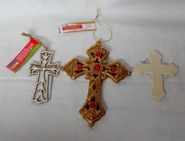 Christmas Celebrate It Themed Ornaments 6&quot; x 4 1/2&quot; Cross &amp; 2 small Wood Ones 4Q - £6.99 GBP