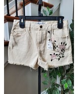 Zara Cream High Waist Frayed Hem Floral Embroidered Denim Jeans Shorts S... - $54.88 CAD