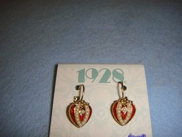 1928 Gold-Tone Red &amp; Faux Pearl Pierced Lever Back Earrings - £10.78 GBP