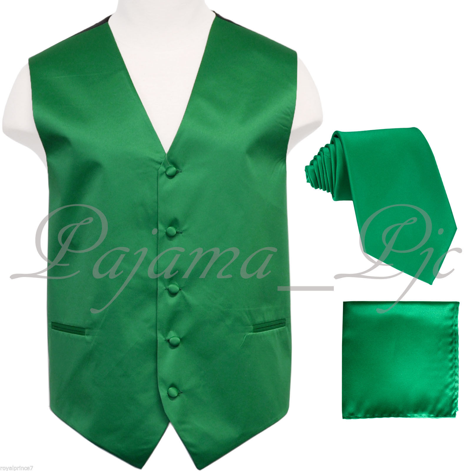Emerald Green Tuxedo Vest Waistcoat and Neck tie Hanky Set Prom Wedding 10JJ - £18.50 GBP - £22.47 GBP