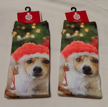 Christmas Socks Ladies Size 9 to 11 2pr Dog With Santa Hat On Green &amp; Wh... - $7.49
