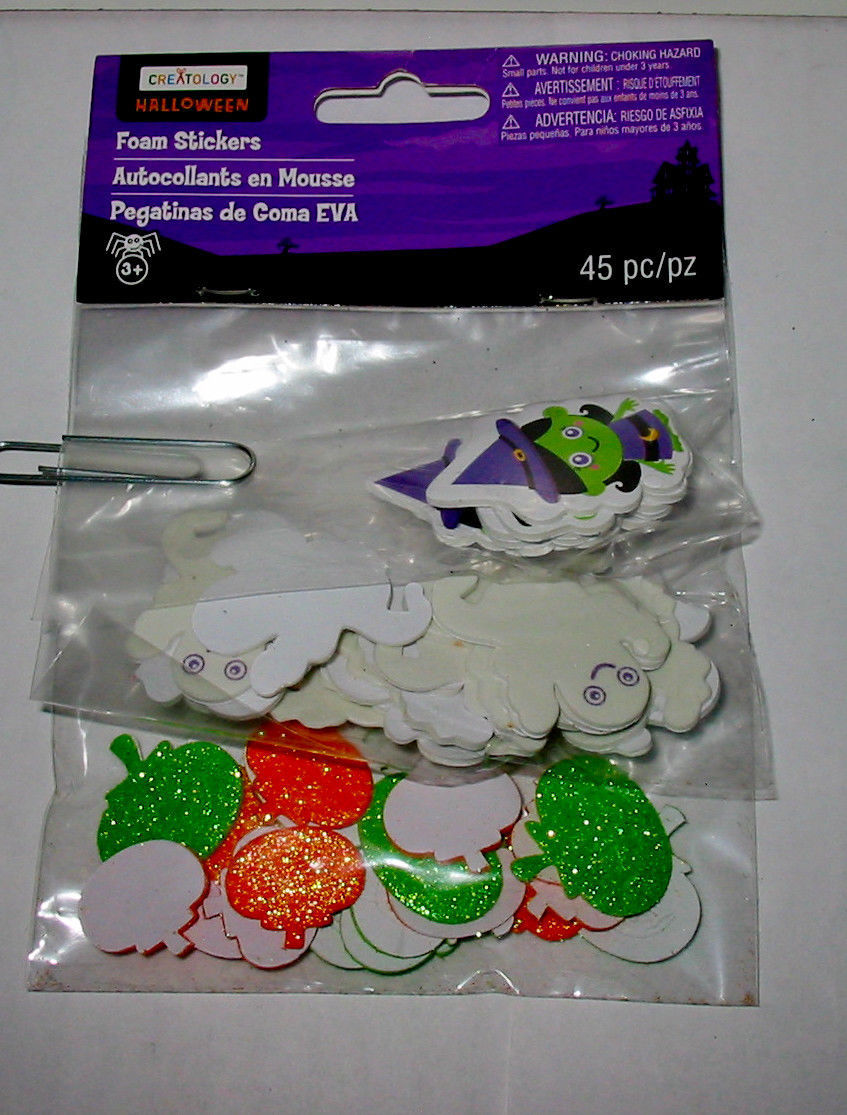 Halloween Foam Stickers Creatology 45pc Witches Ghosts Glitter Pumpkins 41B - $3.95