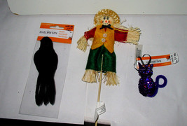 Halloween Decor Ornaments Celebrate It 3ea Scarecrow Glitter Black Bird Cat 38N - £4.72 GBP