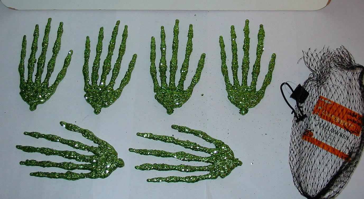 Halloween Glitter Covered Skelton Hands 6pc Celebrate It Green Color 5&quot; ... - $4.93