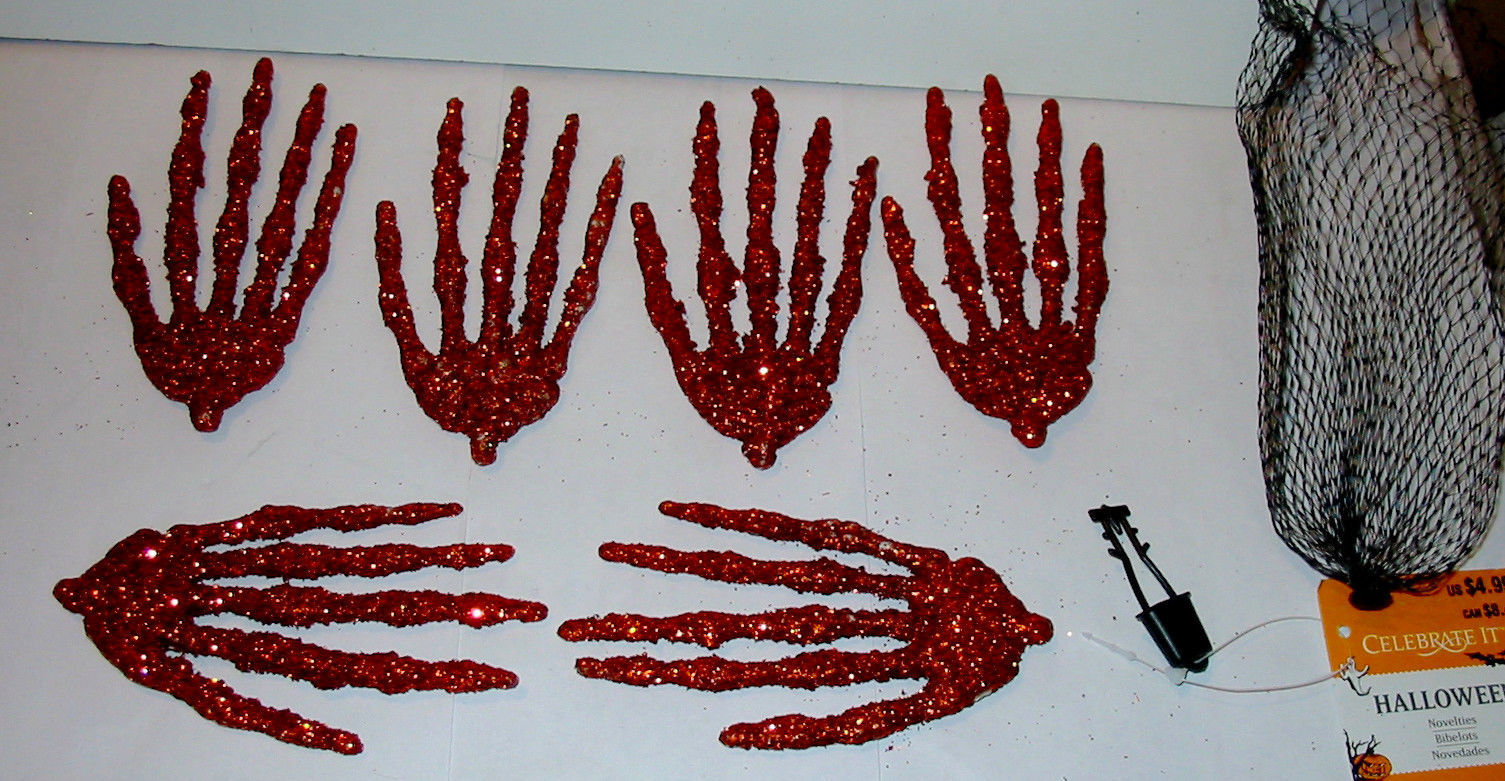 Halloween Glitter Covered Skelton Hands 6pc Celebrate It Orange Color 5&quot;... - $4.93