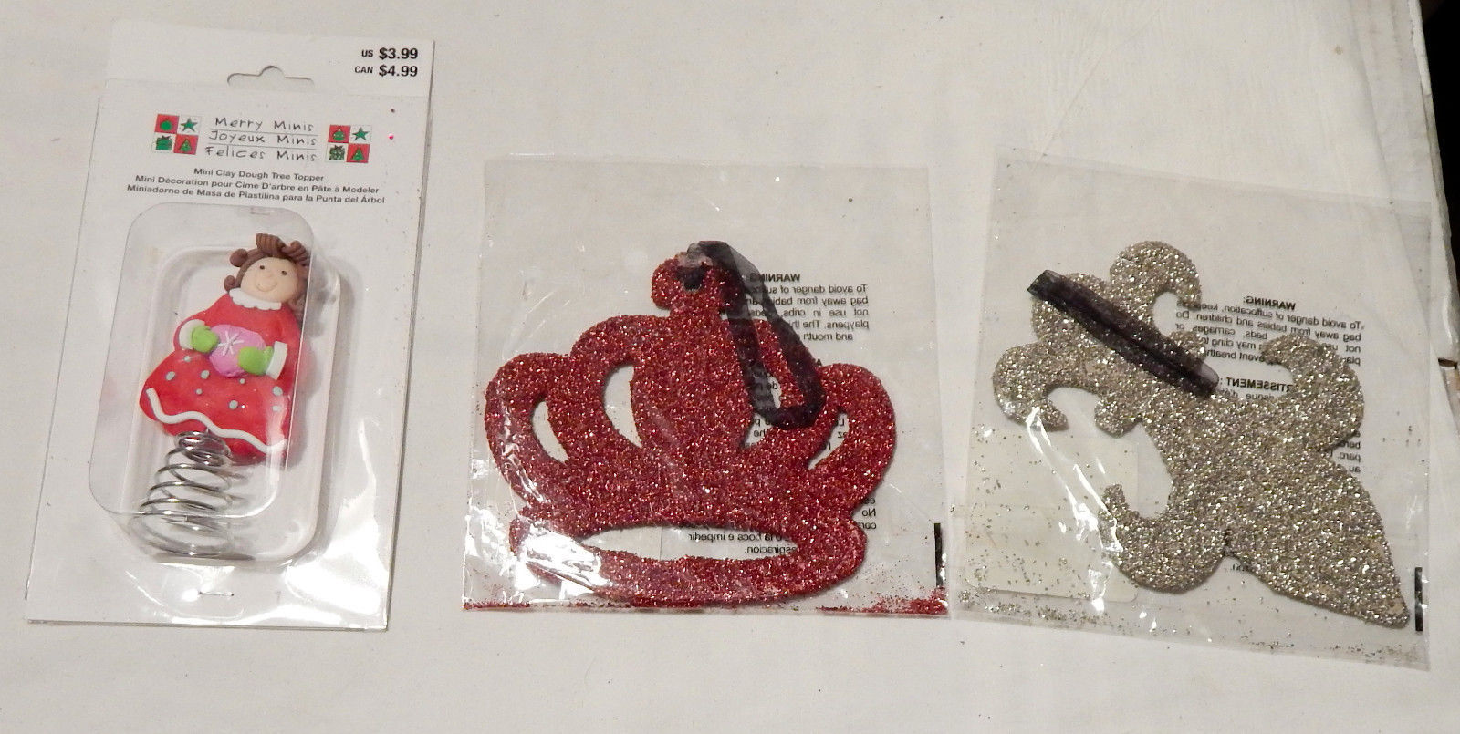Christmas Mini Clay Dough Tree Topper &amp; Glitter Ornaments Silver &amp; Red 3... - $7.89