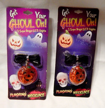 Halloween LED Flashing Lights Bright Necklace Pumpkin 1 1/2&quot; Round 2ea G... - £3.94 GBP