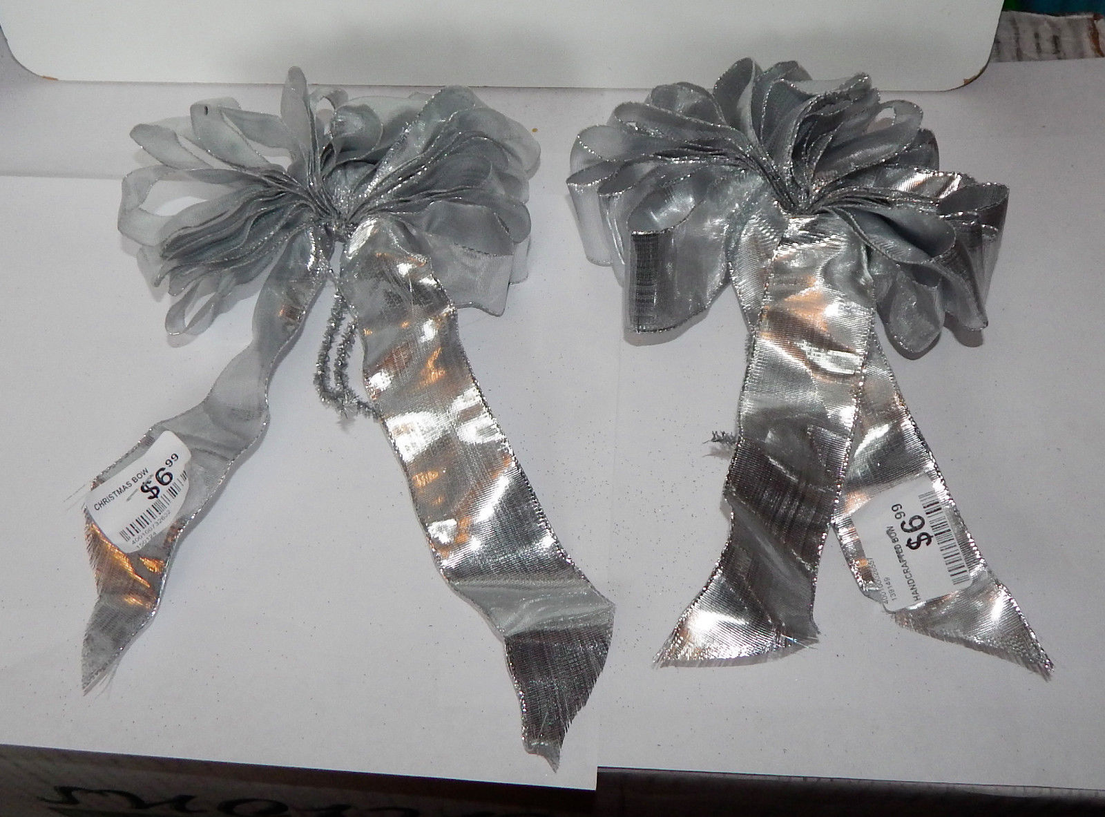  Big Wedding Glitter Bows 9" by 6" Solid Silver Glitter Trim 2ea Handcrafted 11G - $9.86