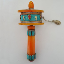 Tibetan Om Mani Mantra Setting on Resin Amber Prayer Wheel 6.5&quot; - Nepal - £46.92 GBP