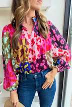 Rose Leopard Color Block Puff Sleeve Crinkle Blouse - £38.42 GBP