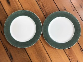 Pair 2 Homer Laughlin Seville Modern Metallic Green White Dinner Plates ... - £47.95 GBP