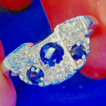 Earth mine Diamond Sapphire Deco Wedding Band Unique Vintage Solid Platinum Ring - £1,498.36 GBP