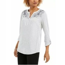 Style &amp; Co Womens Petite PL Gray Luxe Bouquet Henley 3/4 Sleeve Top NWT U59 - £18.31 GBP