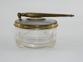 Vtg Art Deco Glass Trinket Box Metal lid with Handle Dresser Vanity Powder Jar - £23.52 GBP