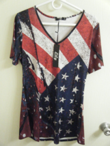 Nwt Lily By Firmiana Med Short Sleeve Red White Blue Flag Stretch Tunic 8268 - £14.07 GBP