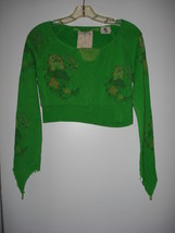 Da Nang 100% Silk Kelly Green &amp; Floral Design Long Sleeved Crop Top Size... - £25.95 GBP