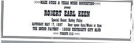 Robert Earl Keen Ticket Stumpf Kann 17 1997 Charlotte North Carolina - £34.20 GBP